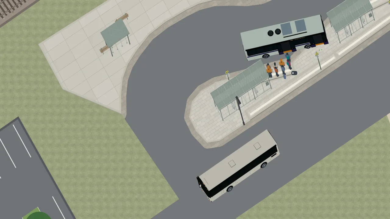 Zwei Busse am Naumburger Busbahnhof; Fahrgäste steigen am überdachten Steig ein.